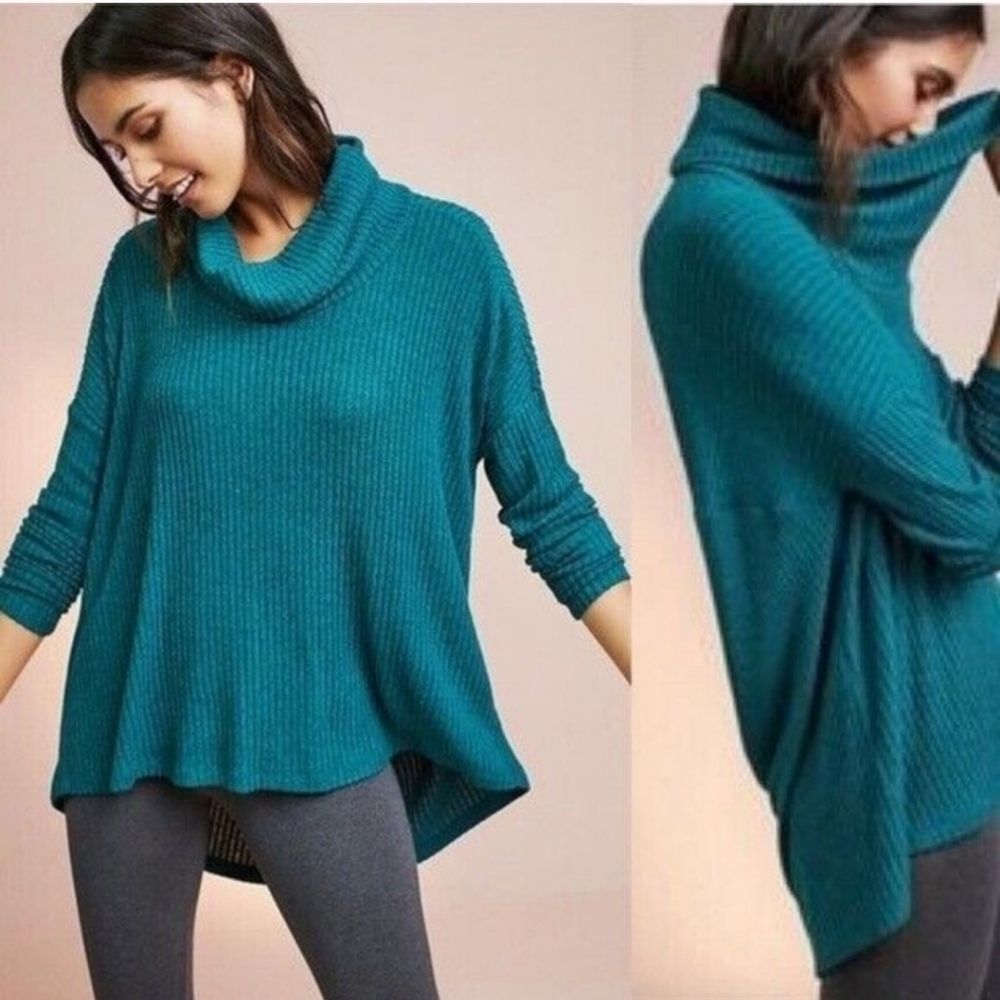 Anthropologie Saturday Sunday Green Rib Knit Sweater Cowl Neck Size XS/S